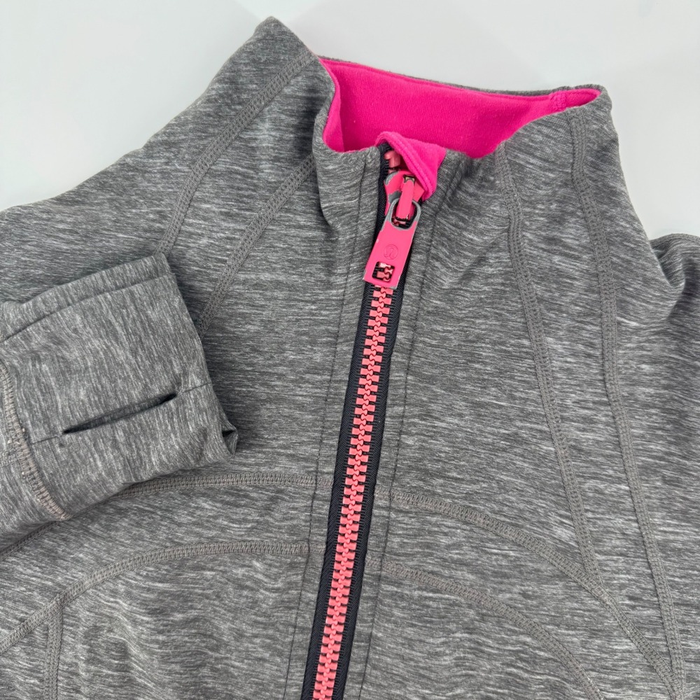 Lululemon Athletica Gray Heathered Zip Up Jacket Thumbholes Pink Trim Women 6